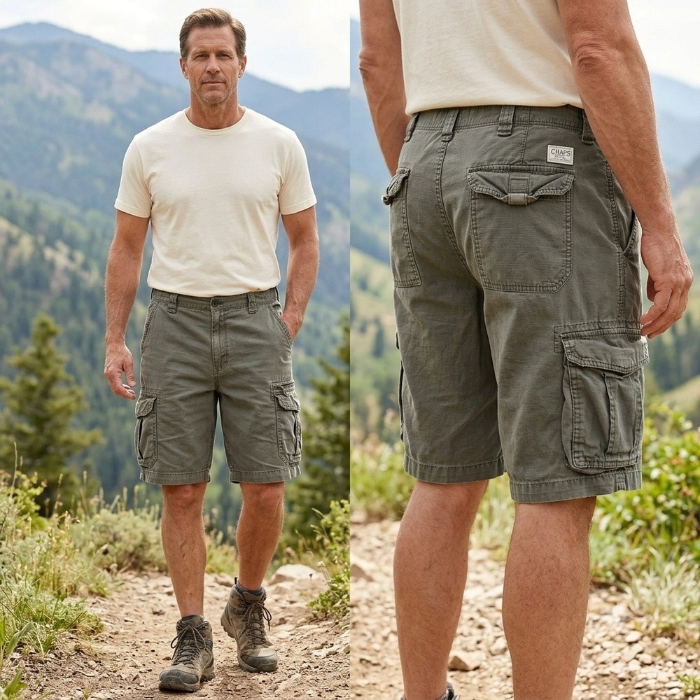 Chaps Mens Olive Green Cotton Ripstop Cargo‎ Shorts Size 40 Multi Pocket Hiking